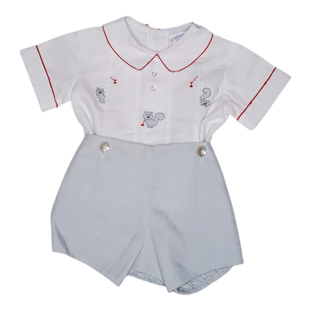 Vintage Nannette Baby Boy Outfit 0–3 Months Blue Shorts Set Embroidered Squirrel